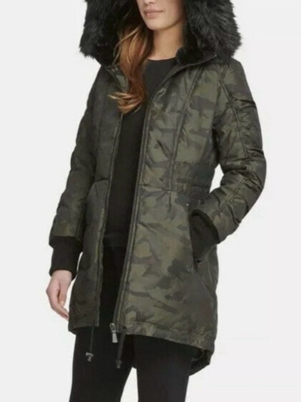 DKNY Olive Camo Faux Fur Hooded Puffer Coat